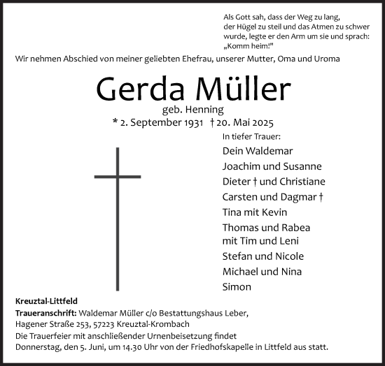 Traueranzeige von Gerda Müller von Siegener Zeitung