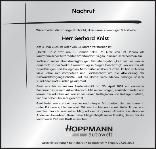 Traueranzeige von Gerhard Knist von Siegener Zeitung