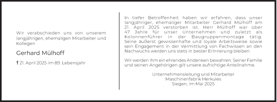 Traueranzeige von Gerhard Mülhoff von Siegener Zeitung