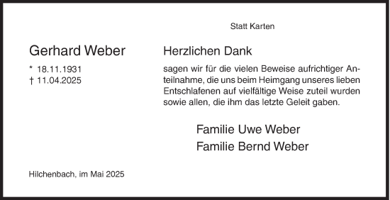 Traueranzeige von Gerhard Weber von Siegener Zeitung