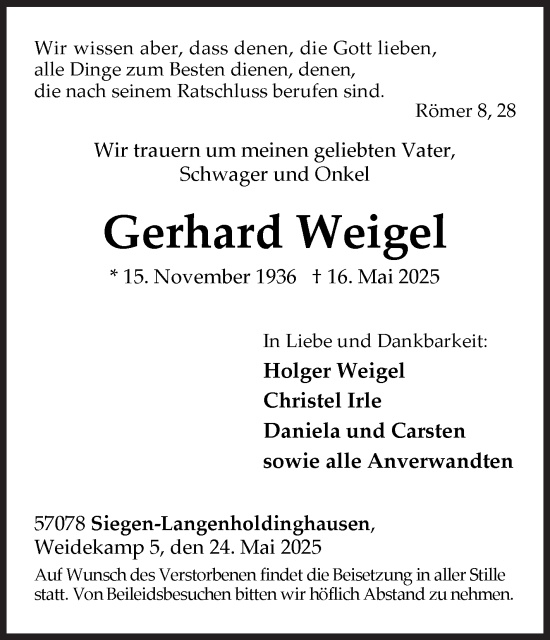 Traueranzeige von Gerhard Weigel von Siegener Zeitung