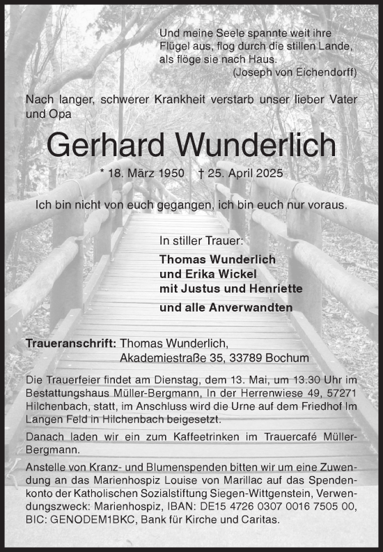 Traueranzeige von Gerhard Wunderlich von Siegener Zeitung