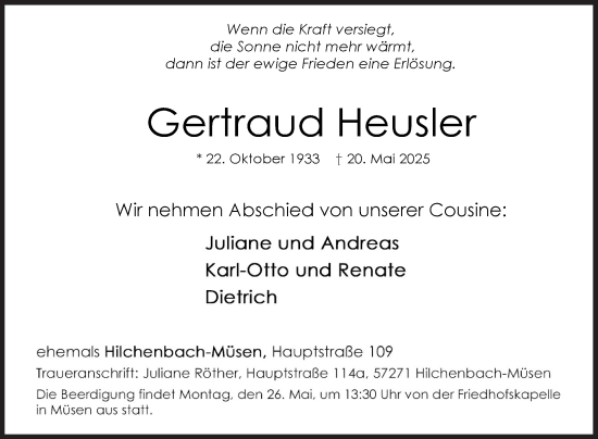 Traueranzeige von Gertraud Heusler von Siegener Zeitung