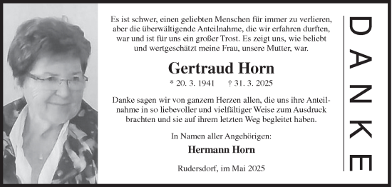 Traueranzeige von Gertraud Horn von Siegener Zeitung