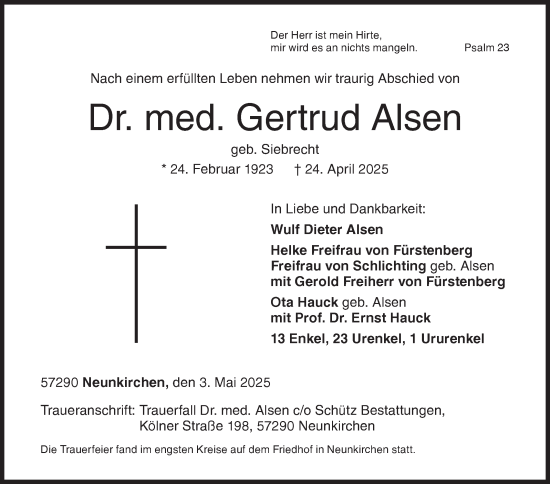 Traueranzeige von Gertrud Alsen von Siegener Zeitung