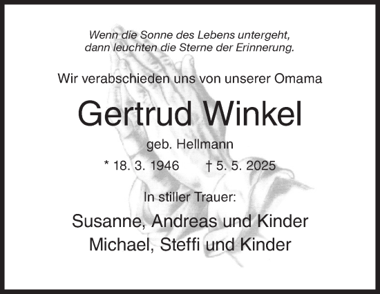 Traueranzeige von Gertrud Winkel von Siegener Zeitung