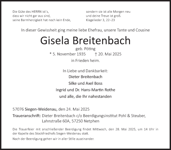 Traueranzeige von Gisela Breitenbach von Siegener Zeitung