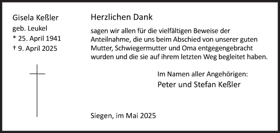 Traueranzeige von Gisela Keßler von Siegener Zeitung