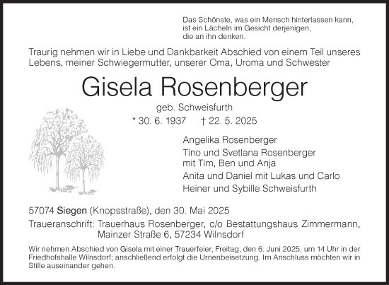 Traueranzeige von Gisela Rosenberger von Siegener Zeitung