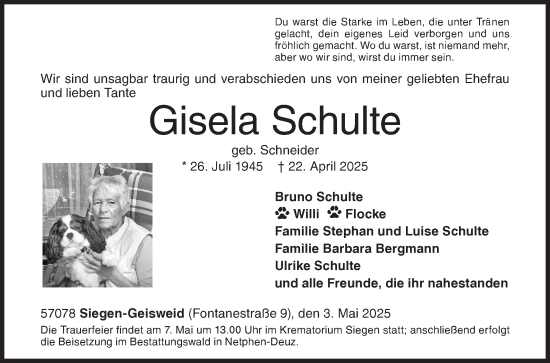 Traueranzeige von Gisela Schulte von Siegener Zeitung