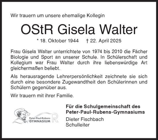 Traueranzeige von Gisela Walter von Siegener Zeitung