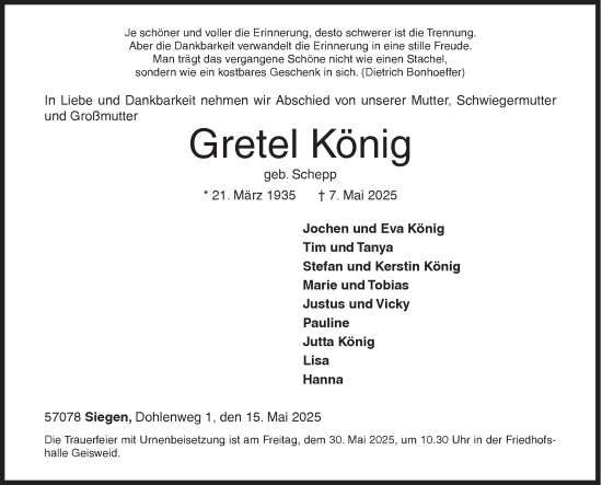 Traueranzeige von Gretel König von Siegener Zeitung