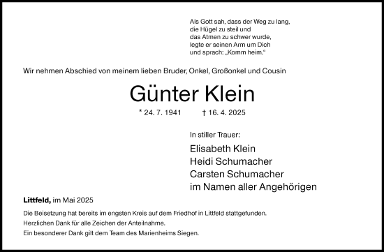 Traueranzeige von Günter Klein von Siegener Zeitung