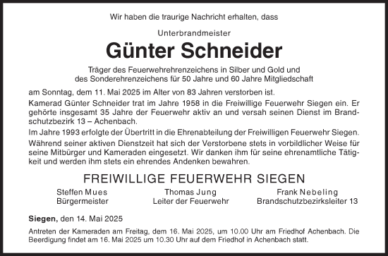 Traueranzeige von Günter Schneider von Siegener Zeitung