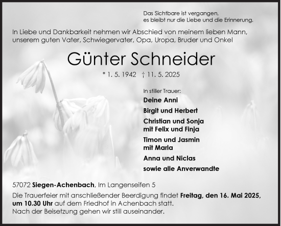 Traueranzeige von Günter Schneider von Siegener Zeitung