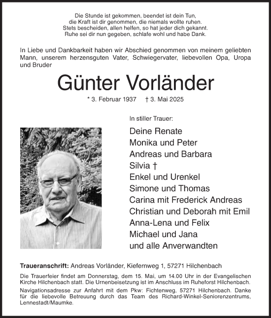 Traueranzeige von Günter Vorländer von Siegener Zeitung