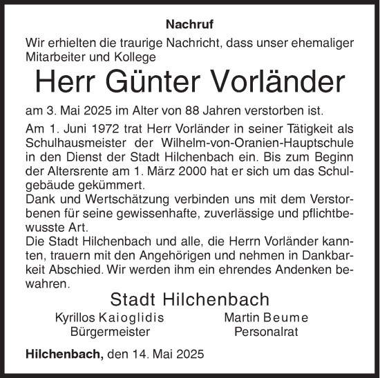 Traueranzeige von Günter Vorländer von Siegener Zeitung