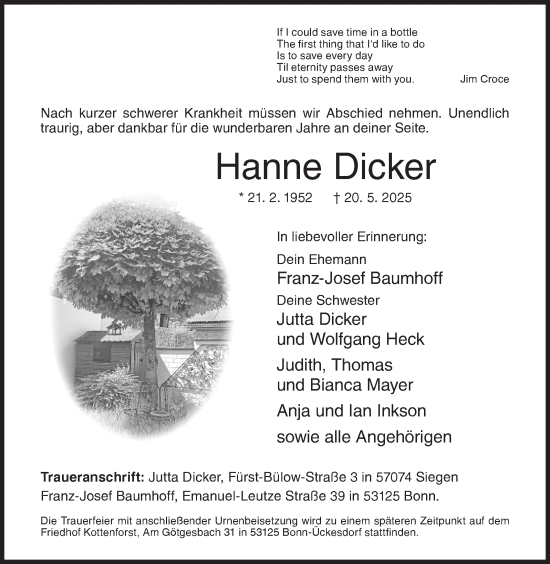 Traueranzeige von Hanne Dicker von Siegener Zeitung