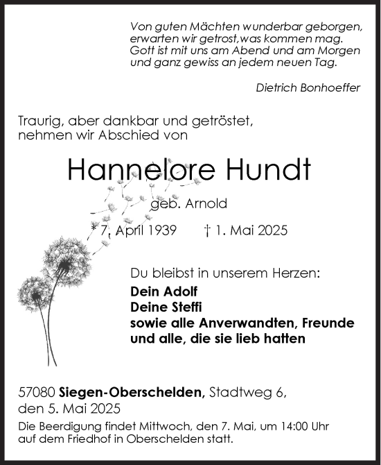 Traueranzeige von Hannelore Hundt von Siegener Zeitung