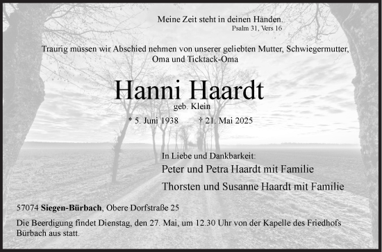Traueranzeige von Hanni Haardt von Siegener Zeitung