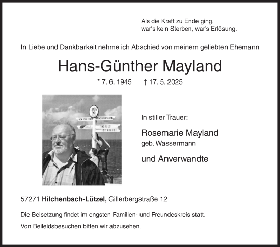 Traueranzeige von Hans-Günther Mayland von Siegener Zeitung