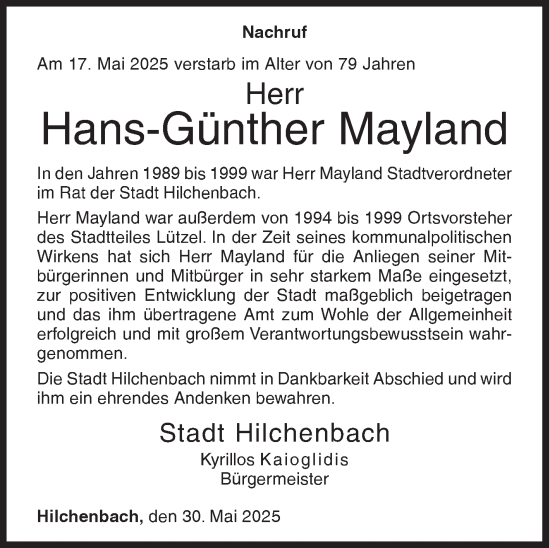 Traueranzeige von Hans-Günther Mayland von Siegener Zeitung