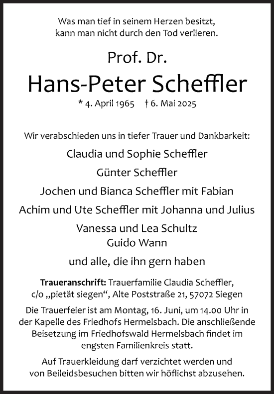 Traueranzeige von Hans-Peter Scheffler von Siegener Zeitung