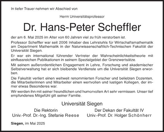 Traueranzeige von Hans-Peter Scheffler von Siegener Zeitung
