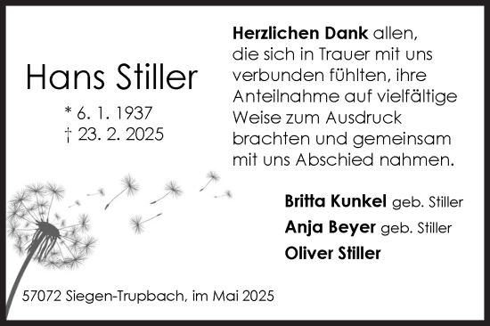 Traueranzeige von Hans Stiller von Siegener Zeitung