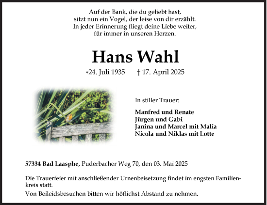 Traueranzeige von Hans Wahl von Siegener Zeitung