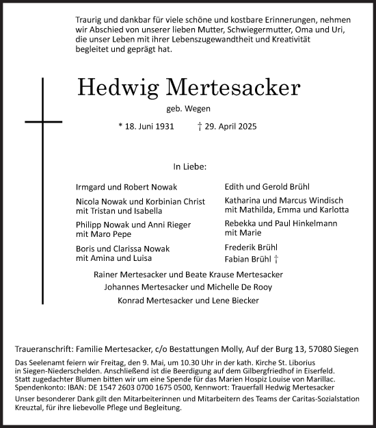 Traueranzeige von Hedwig Mertesacker von Siegener Zeitung