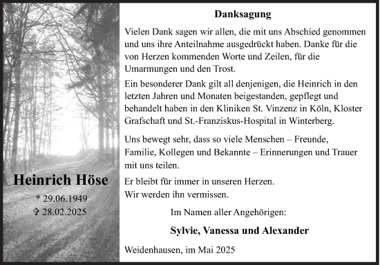 Traueranzeige von Heinrich Höse von Siegener Zeitung