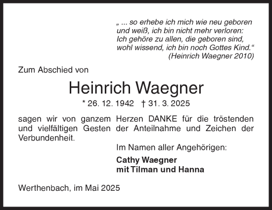 Traueranzeige von Heinrich Waegner von Siegener Zeitung