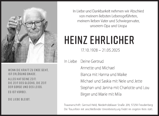 Traueranzeige von Heinz Ehrlicher von Siegener Zeitung