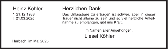 Traueranzeige von Heinz Köhler von Siegener Zeitung