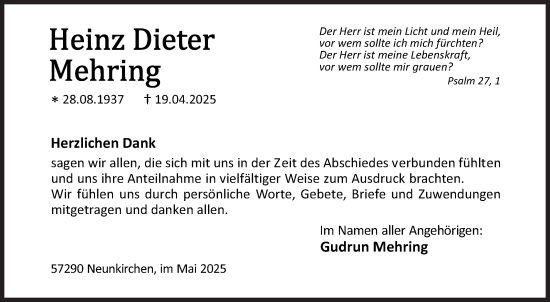 Traueranzeige von Heinz Dieter Mehring von Siegener Zeitung