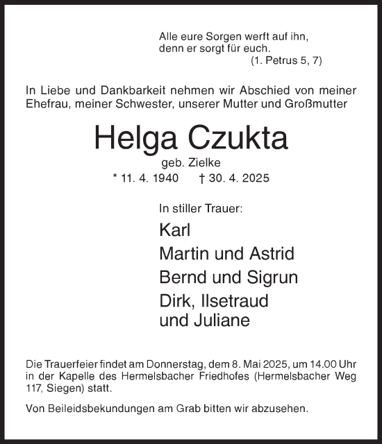 Traueranzeige von Helga Czukta von Siegener Zeitung