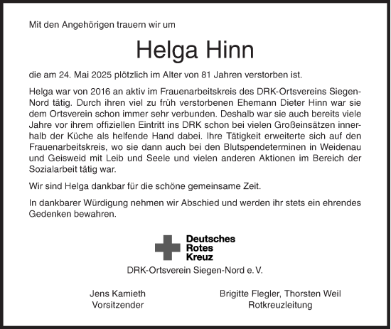 Traueranzeige von Helga Hinn von Siegener Zeitung