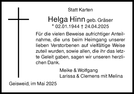 Traueranzeige von Helga Hinn von Siegener Zeitung