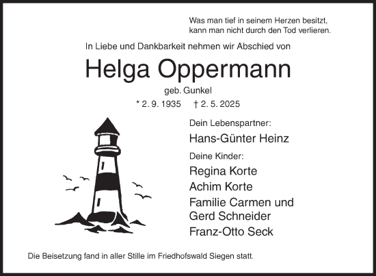 Traueranzeige von Helga Oppermann von Siegener Zeitung