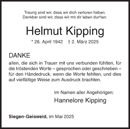 Traueranzeige von Helmut Kipping von Siegener Zeitung
