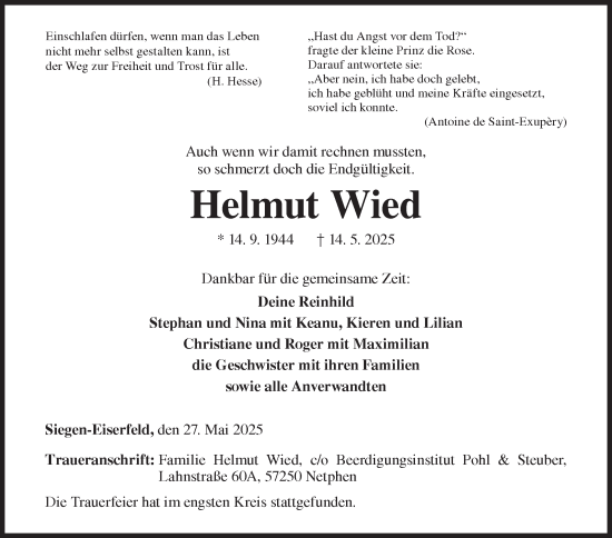 Traueranzeige von Helmut Wied von Siegener Zeitung