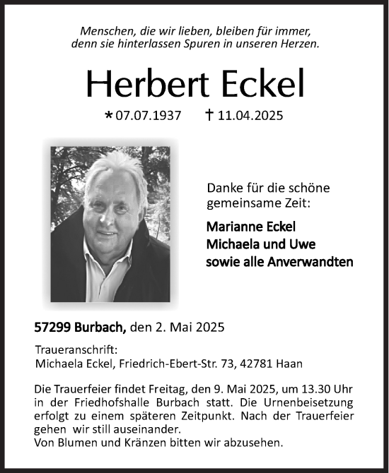 Traueranzeige von Herbert Eckel von Siegener Zeitung