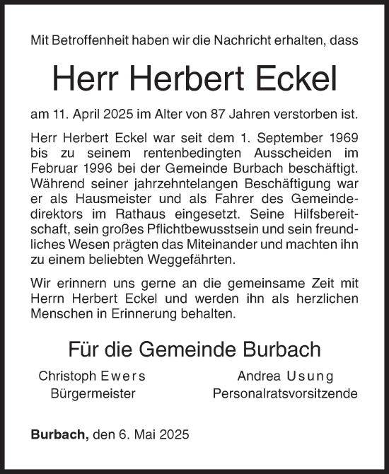 Traueranzeige von Herbert Eckel von Siegener Zeitung