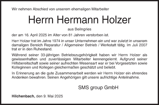 Traueranzeige von Hermann Holzer von Siegener Zeitung