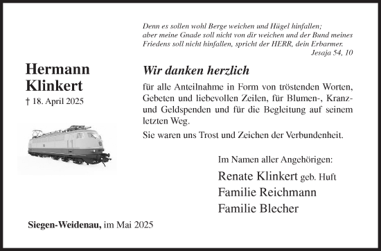 Traueranzeige von Hermann Klinkert von Siegener Zeitung