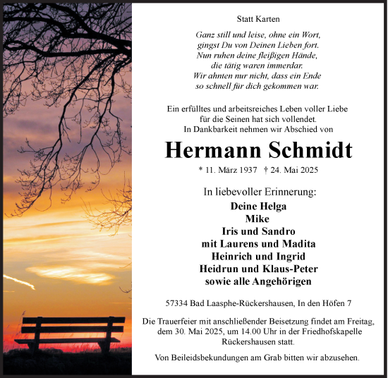Traueranzeige von Hermann Schmidt von Siegener Zeitung