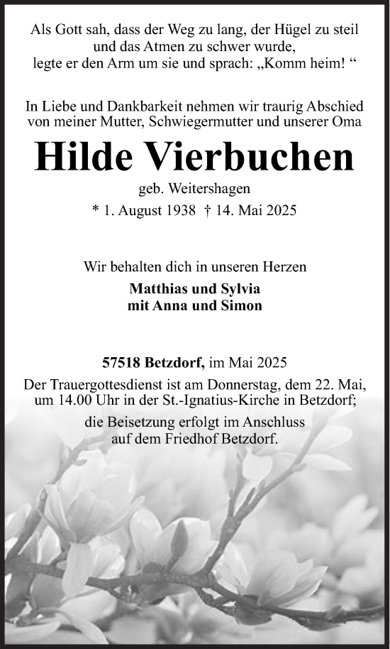 Traueranzeige von Hilde Vierbuchen von Siegener Zeitung