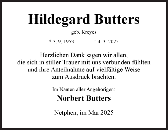 Traueranzeige von Hildegard Butters von Siegener Zeitung