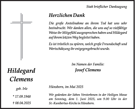Traueranzeige von Hildegard Clemens von Siegener Zeitung